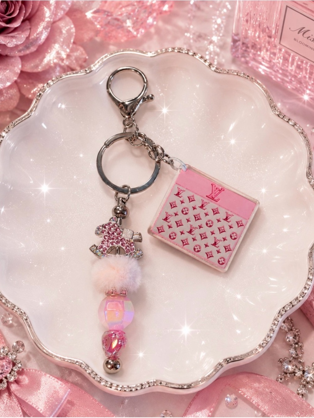 Hand Crafted Pink Sparkle Teddy & Inspired Monogram Square Keychain